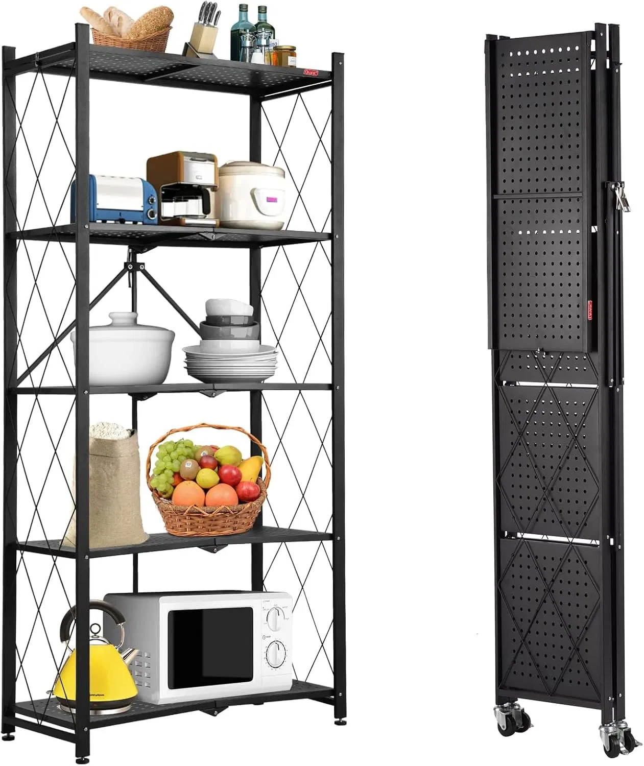 Caddy de Ducha Grande 5-Tier Estante de Almacenamiento Plegable con Ruedas Estante de Metal Plegable de Alta Resistencia con Ruedas