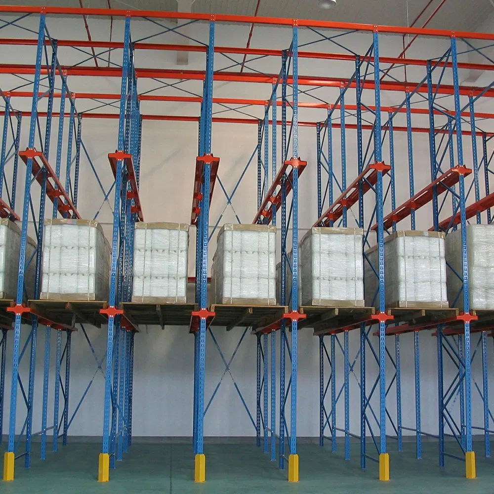 Estante de almacenamiento en mezzanine de acero metálico de alta resistencia para almacenes, estante cantilever, flujo de gravedad, carretilla radio, empuje hacia atrás, almacenamiento de palets de entrada/salida selectiva para carga en cajas