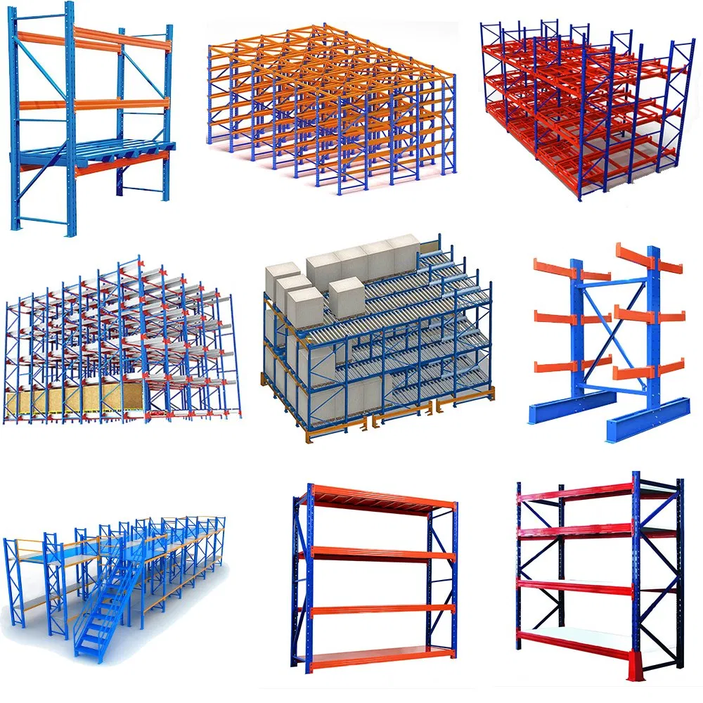Estante de almacenamiento en mezzanine de acero metálico de alta resistencia para almacenes, estante cantilever, flujo de gravedad, carretilla radio, empuje hacia atrás, almacenamiento de palets de entrada/salida selectiva para carga en cajas