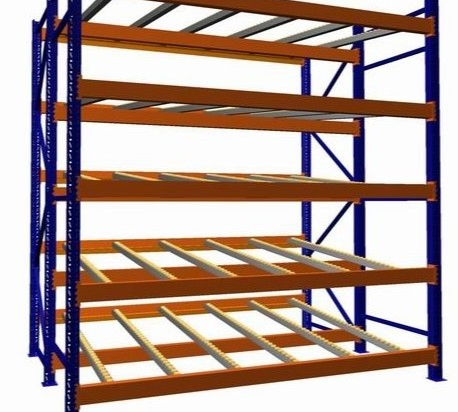 Estantería de flujo con rodillos de limpieza de grado alimenticio para productos terminados de aperitivos y bebidas