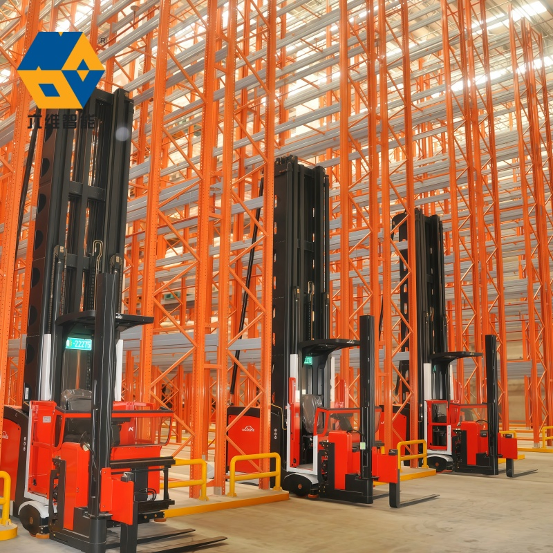 Sistema de estanterías de pasillo muy estrecho de acero de alta calidad, ajustable y de alta resistencia, estantería selectiva VNA de doble profundidad, marco azul, almacenamiento en metal para almacenes, estantería para palets VNA