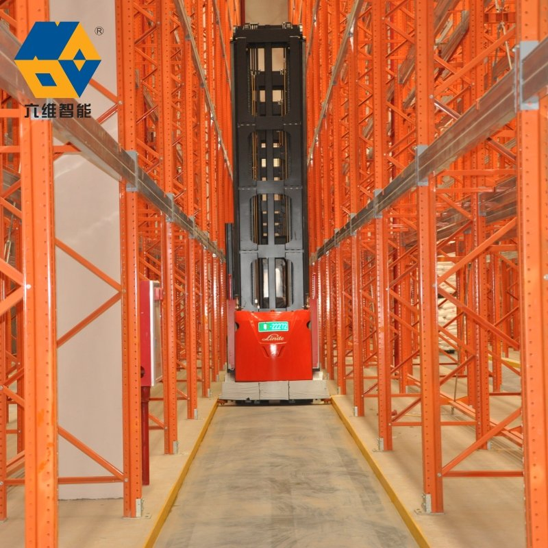 Sistema de estanterías de pasillo muy estrecho de acero de alta calidad, ajustable y de alta resistencia, estantería selectiva VNA de doble profundidad, marco azul, almacenamiento en metal para almacenes, estantería para palets VNA