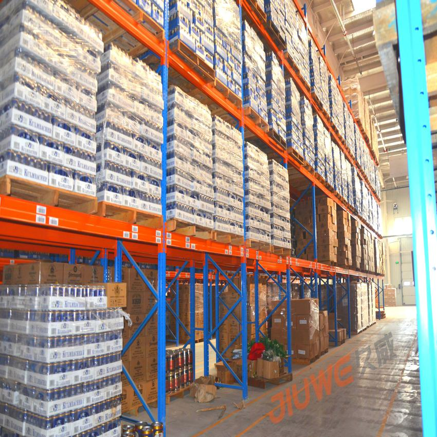 Estante de palets de viga, montacargas de transmisión directa en acceso para estantería de almacén, estante de almacenamiento de alta resistencia, estante de acero