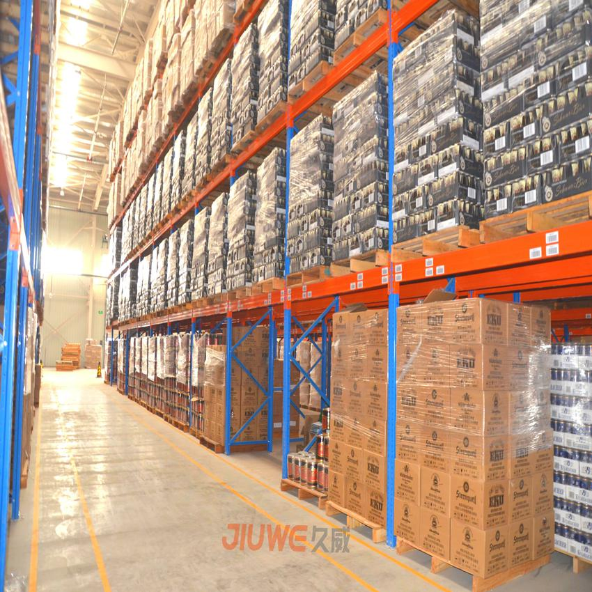 Estante de palets de viga, montacargas de transmisión directa en acceso para estantería de almacén, estante de almacenamiento de alta resistencia, estante de acero