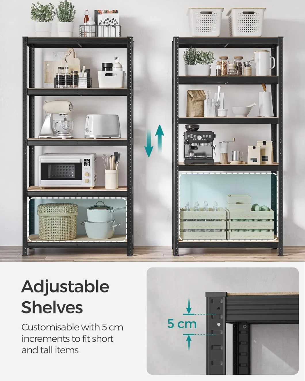 Estantes ajustables de metal y madera