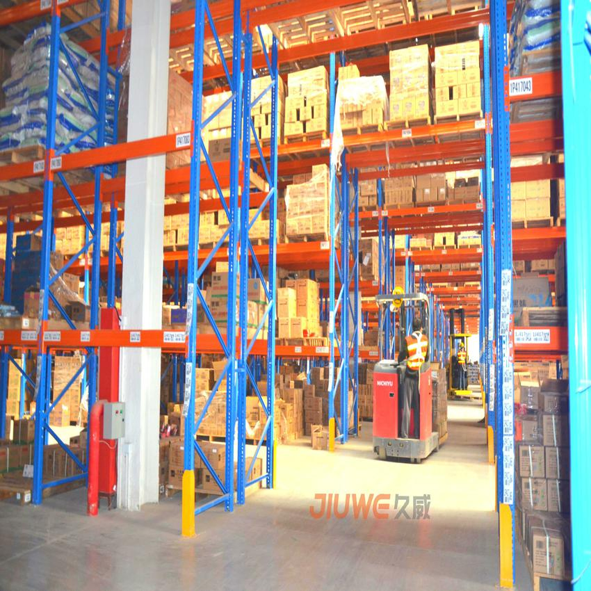 Estante de palets de viga, montacargas de transmisión directa en acceso para estantería de almacén, estante de almacenamiento de alta resistencia, estante de acero