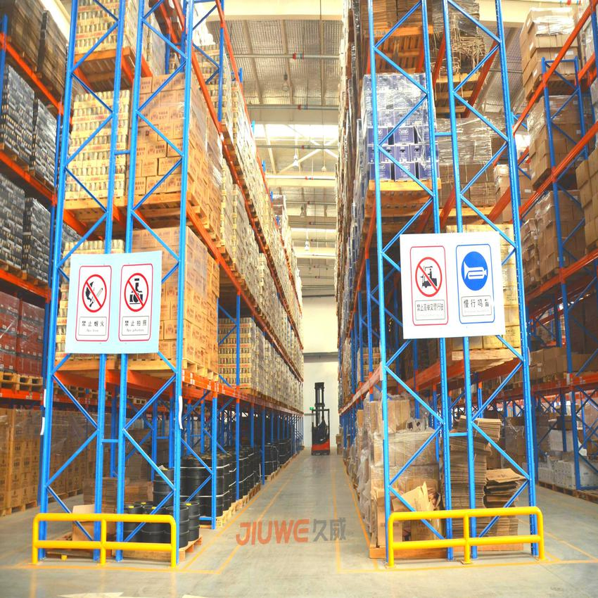 Estante de palets de viga, montacargas de transmisión directa en acceso para estantería de almacén, estante de almacenamiento de alta resistencia, estante de acero