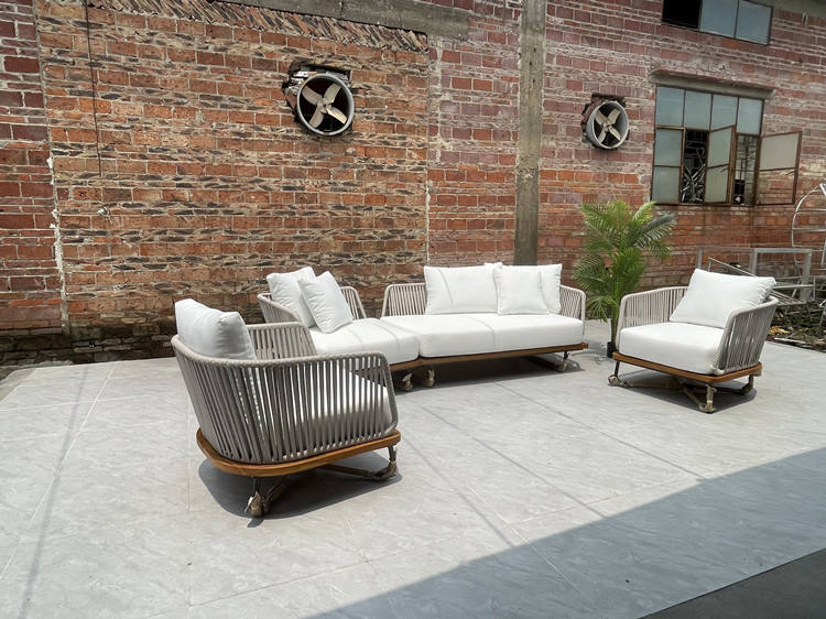 Patio Weather Outdoor Teak Furniture Items Solid Wooden Rope Teak Rattan Sofas Living Room