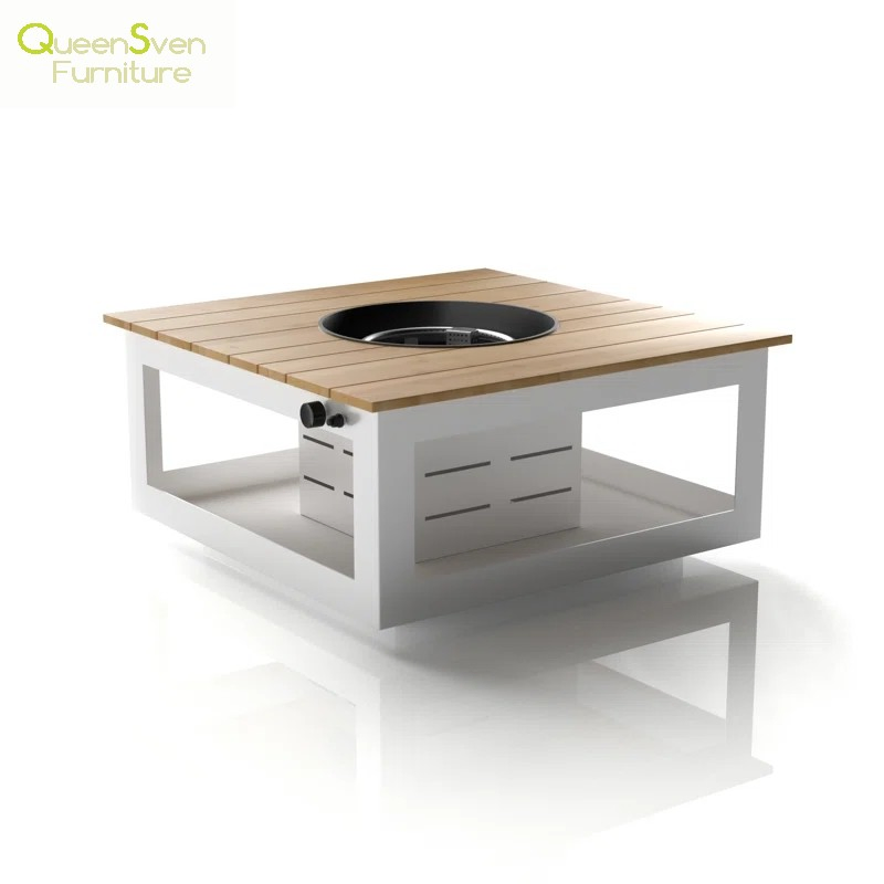 Outdoor Furniture Solid Wood Teak BBQ Grill Gas Fire Pit Stove Dining Table