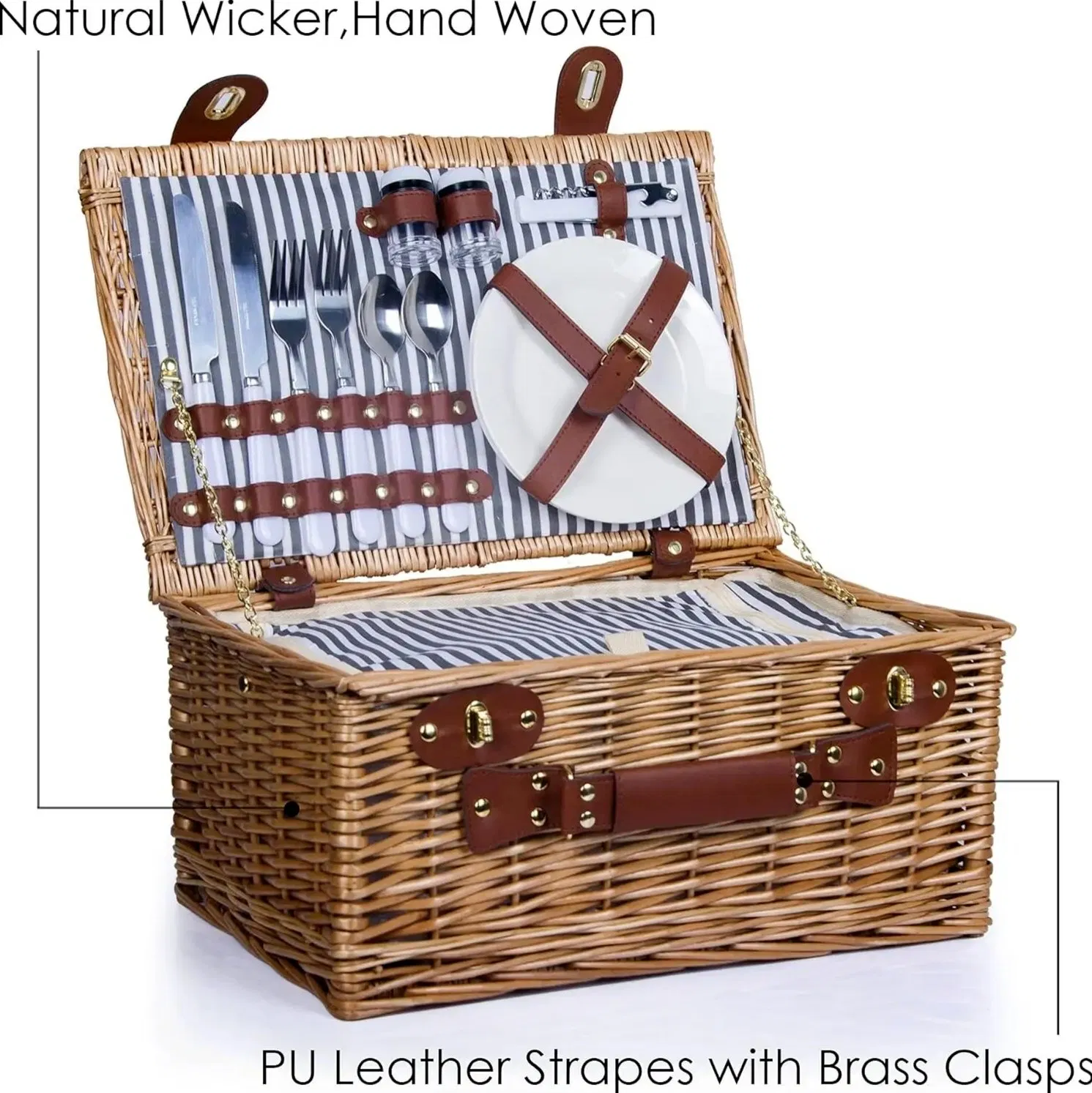 Vintage Hand-Woven Picnic Basket, Handwoven Willow Construction Flat Lid Design Basket Natural Wicker with Pretty