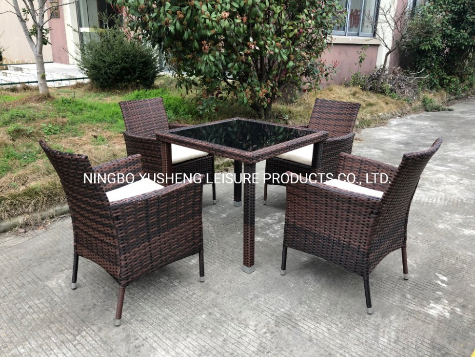 Leisure Outdoor Teak Furniture Garden Weather-Proof Rope Tempered Glass Dining Table Set