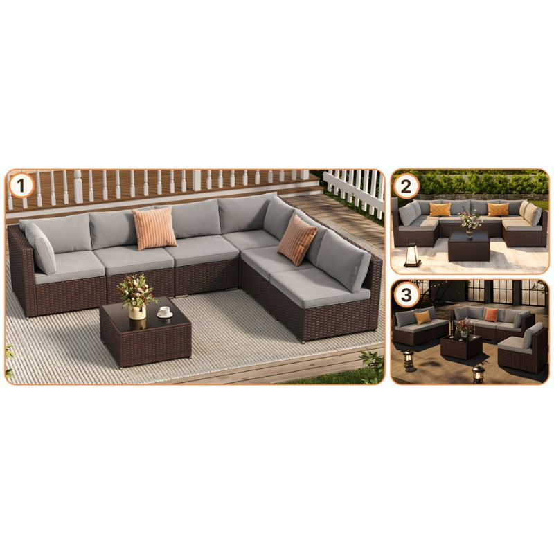 Patio Rattan Sofa Set PE Wicker Sectional Rattan Outdoor Furniture Set