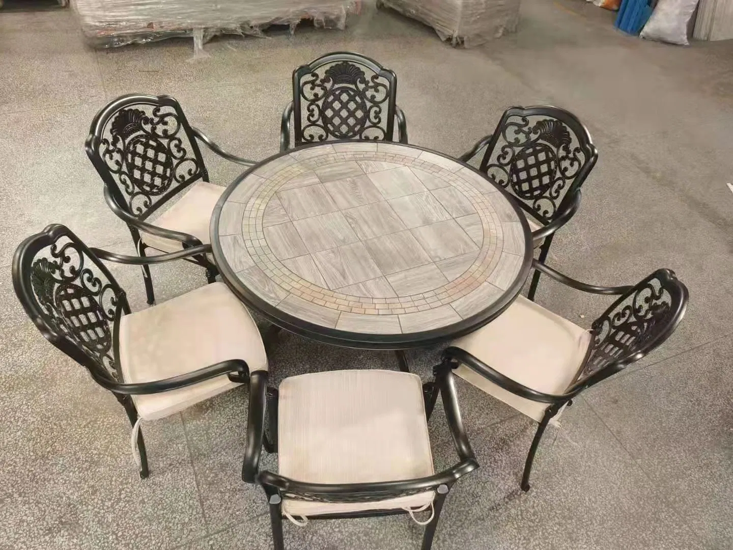 Dali 48" Round Patio Dining Table Set, Cast Aluminum Round Outdoor Table with Umbrella Hole for Outdoor Garden