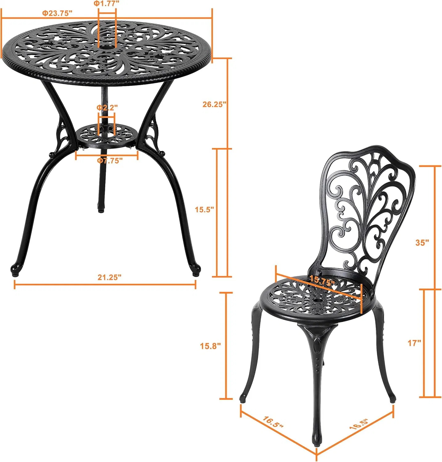 Garden 3 Piece Bistro Set Outdoor, All Weather Cast Aluminum Patio Bistro Sets Patio Table and Chairs Set of 2 for Yard, Balcony