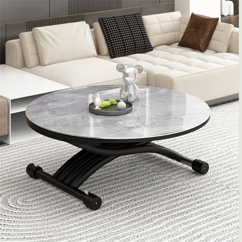 Simple Lifting Multifunctional Rotate Extending Round Rock Plate Glass Tea Table Dining