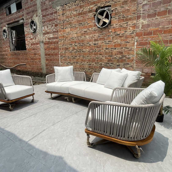 Patio Weather Outdoor Teak Furniture Items Solid Wooden Rope Teak Rattan Sofas Living Room
