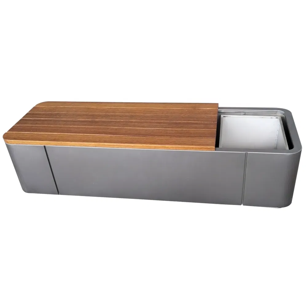 Large Square Galvanized Steel Planters Commercial Wood Bench Pot Flower Planter Outside Metal Planter for Public Park and Garden with Flower Pots Long Seating