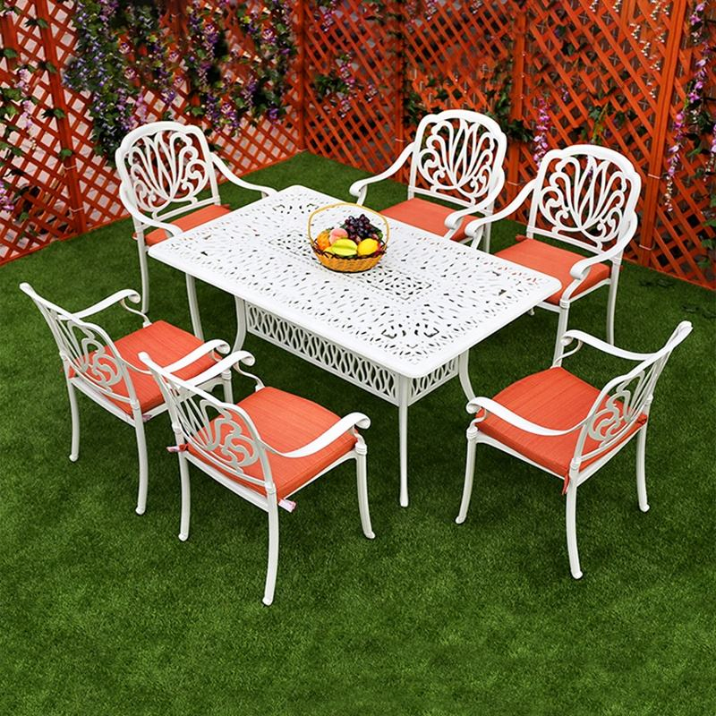 European Garden Restaurant Furniture White Cast Aluminum Courtyard Patio Dining Table and Chairs