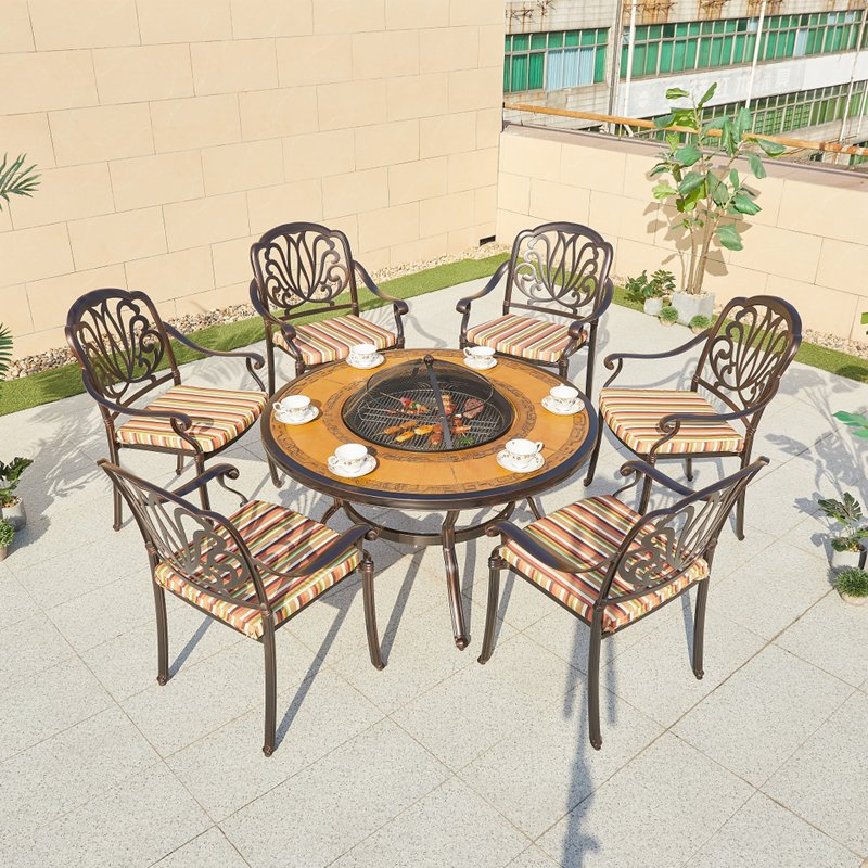 Waterproof Easy Clean Outdoor Aluminum Round Dining Picnic Barbecue Grill Table BBQ Cast Aluminum Fire Pit Table