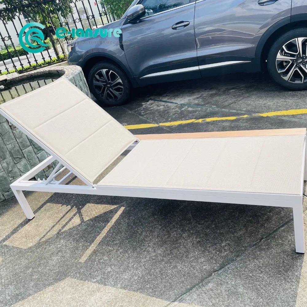 Factory Outdoor Furniture Aluminum Frame Sun Lounger Garden Chaise Lounge Chair with Teak Wood All Weather Fabric Sun Bed for Home Hotel Poolside
