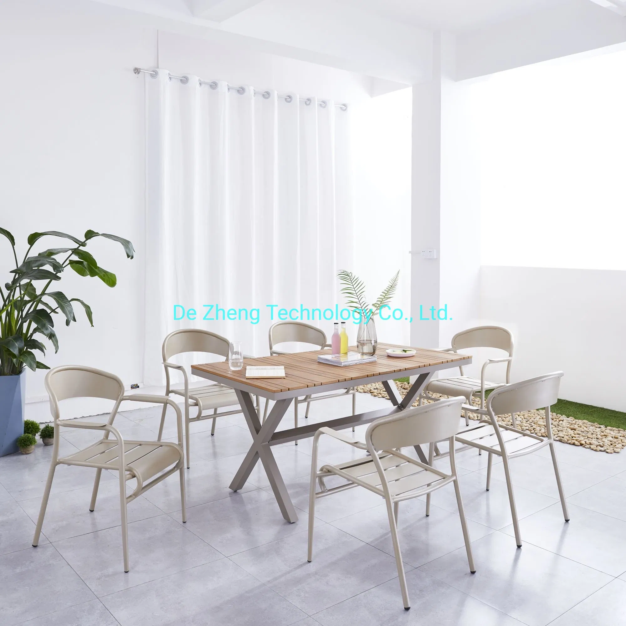 Guangdong Garden Outdoor Restaurant Furniture Aluminum and Faux Wood 4 Seater Dining Set Table Chairs