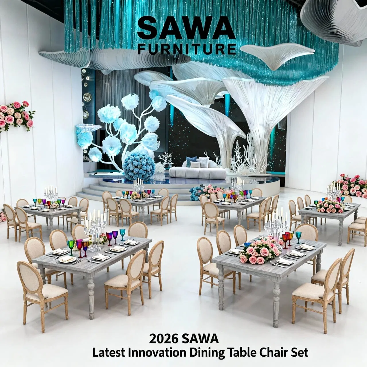 Extra Large 12 Seater Luxury Wedding Garden Event Table and Chairs Set Teak Wood Outdoor Furniture