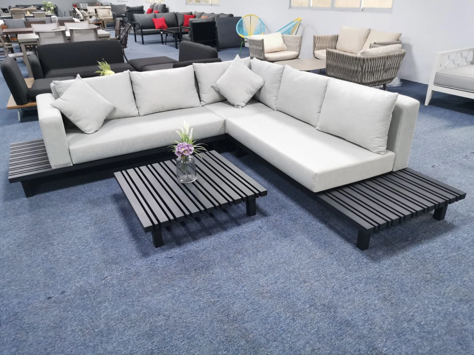 Patio Furniture Set 5 Seaters Outdoor Wicker Garden Sectional Sofa with Thick Cushions &amp; Tempered Glass Table Patio Couch Conversation Set