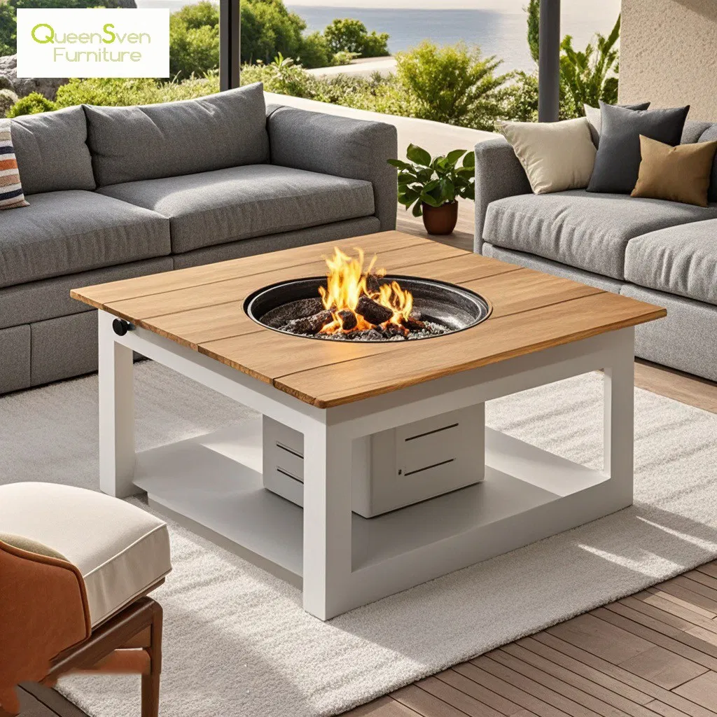 Outdoor Furniture Solid Wood Teak BBQ Grill Gas Fire Pit Stove Dining Table