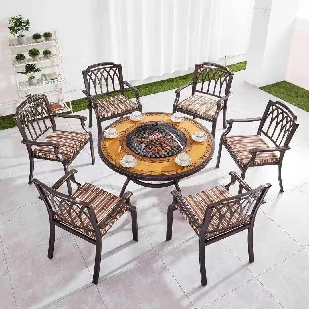 Dali 48" Round Patio Dining Table Set, Cast Aluminum Round Outdoor Table with Umbrella Hole for Outdoor Garden