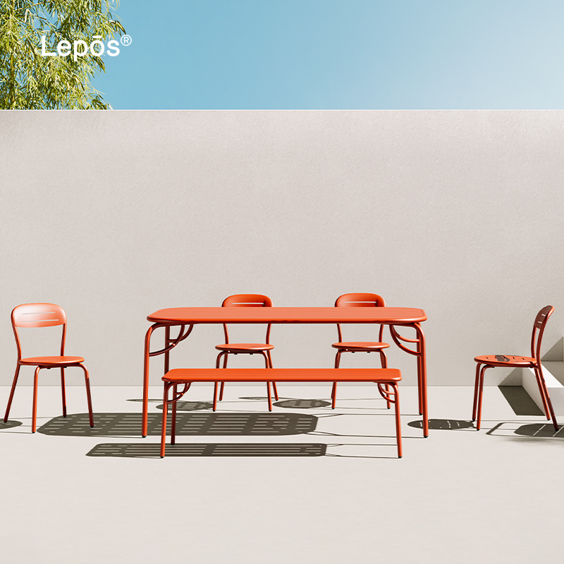 Customize Multi-Color Patio Villa Garden Hotel Furniture Project Metal Dining Table and Chairs Bench Aluminum Outdoor Tables Set