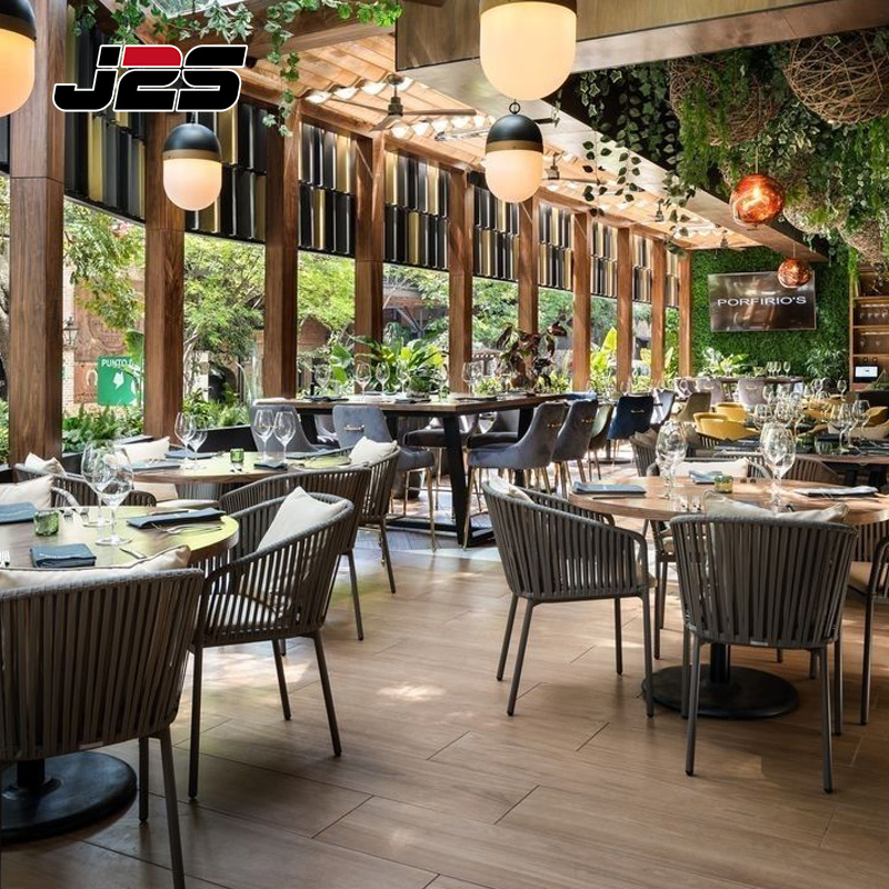 J2s Luxury Commercial Outdoor Teak Wood Woven Rope Chair Restaurant Furniture Sets for Hotel Terrace