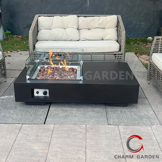 Charm Garden Durable Glass Fiber Reinforce Concrete Fire Table Natural Gas Propane Fire Pits Outdoor Fireplace Dining Table