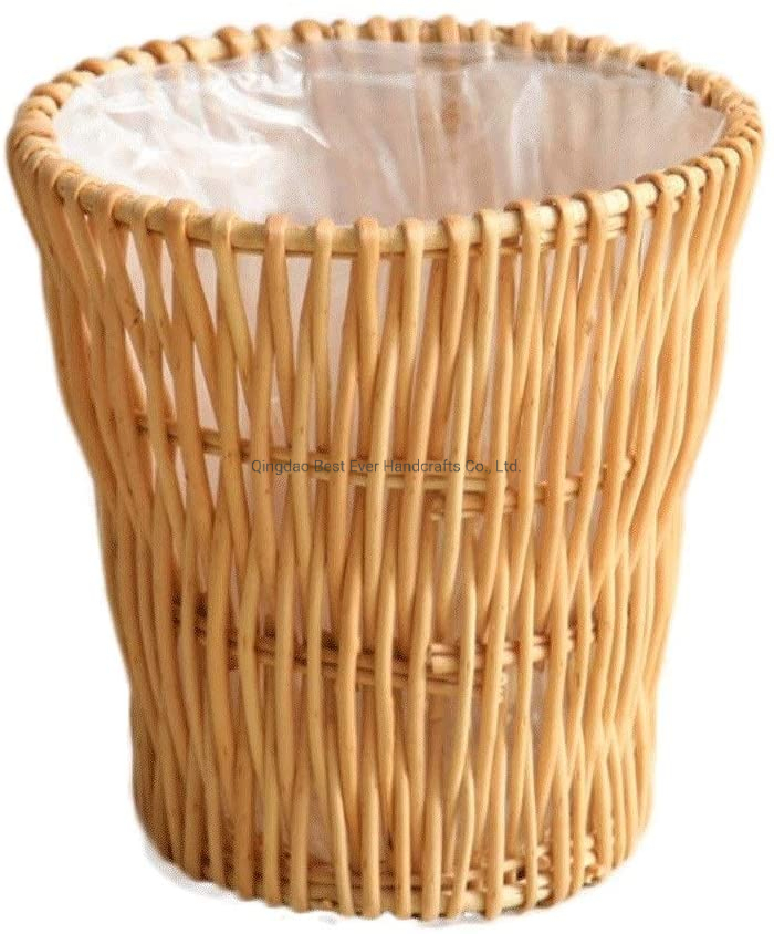 Light Brown Hand-Woven Wicker Wastebin