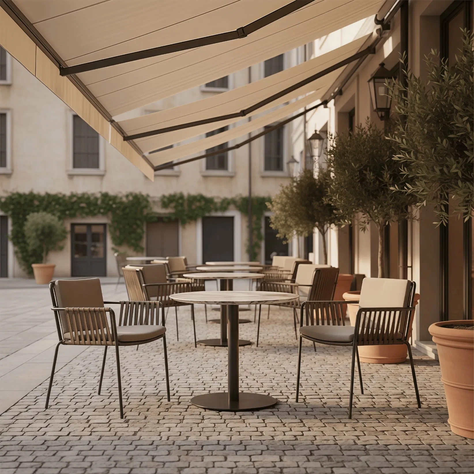 Luxury Outdoor Restaurant Furniture Set with Custom Upholstered Chairs &amp; Bistro Table Waterfront Dining Venues