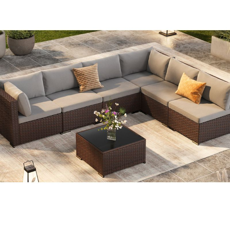 Patio Rattan Sofa Set PE Wicker Sectional Rattan Outdoor Furniture Set