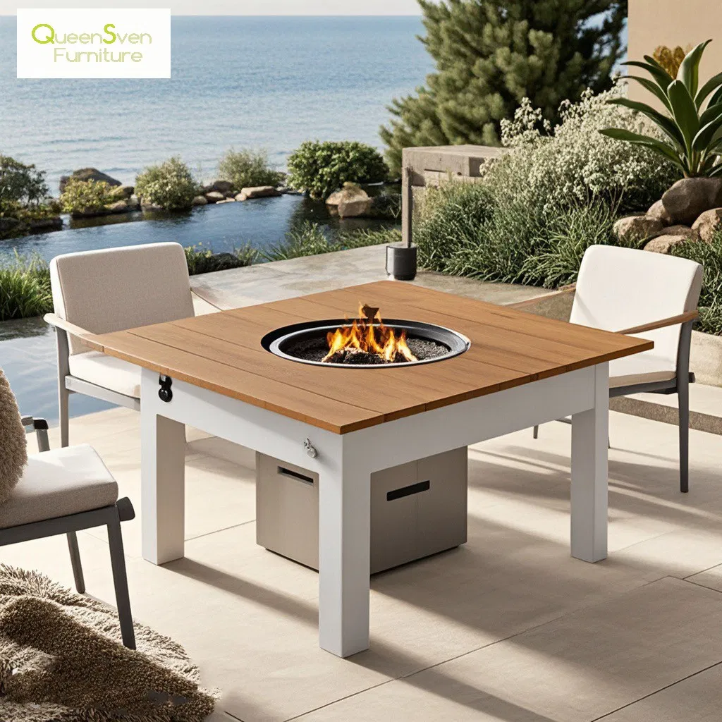 Outdoor Furniture Solid Wood Teak BBQ Grill Gas Fire Pit Stove Dining Table