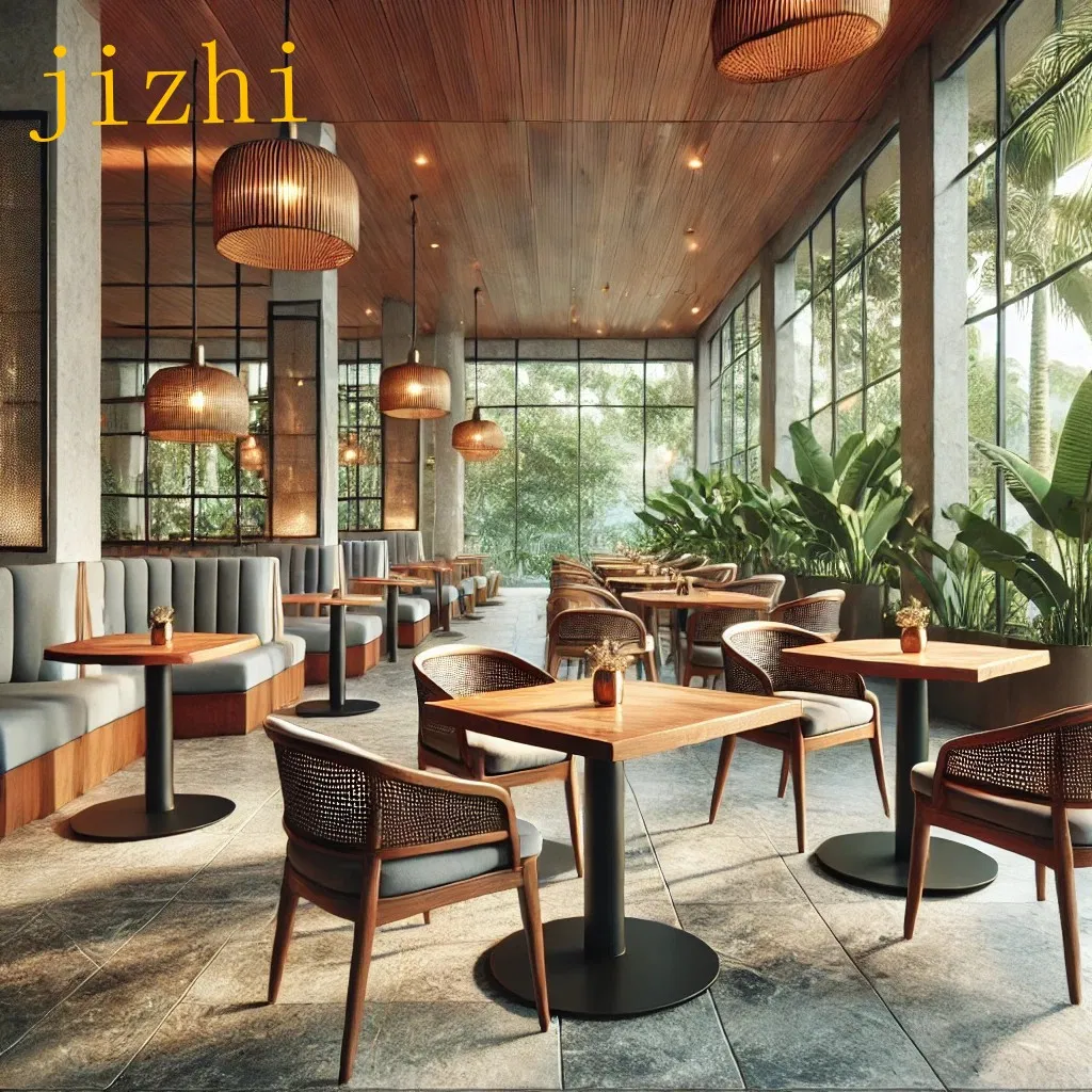 Outdoor Style Wood Restaurant Table and Rattan Chair Set for Garden Cafe or Bistro Dining Area