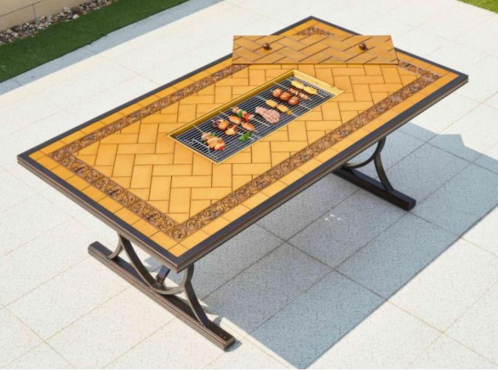 Rectangular Shaped Tile Top BBQ Grill Inserted Aluminum Cast Patio Table