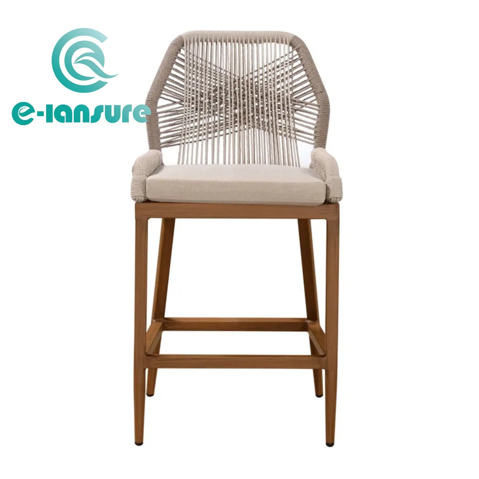 Nordic Style Hot Sale Outdoor Bar Furniture Wood Frame Woven Rope Counter Bar Stool with Waterproof Cushion for Hotel Cafe Restaurant