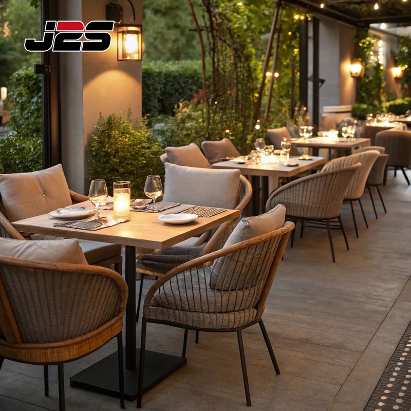 J2s Luxury Commercial Outdoor Teak Wood Woven Rope Chair Restaurant Furniture Sets for Hotel Terrace