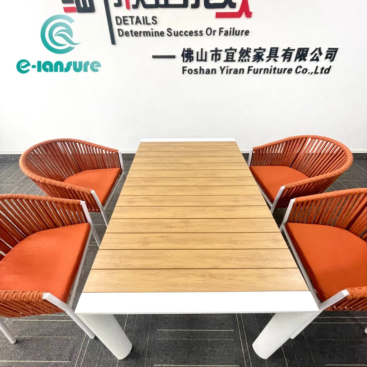 Factory Hot Selling Premium Long Lasting Outdoor Dining Set Aluminum Frame Rope Seat and Durable Plywood Table for Patio Poolside