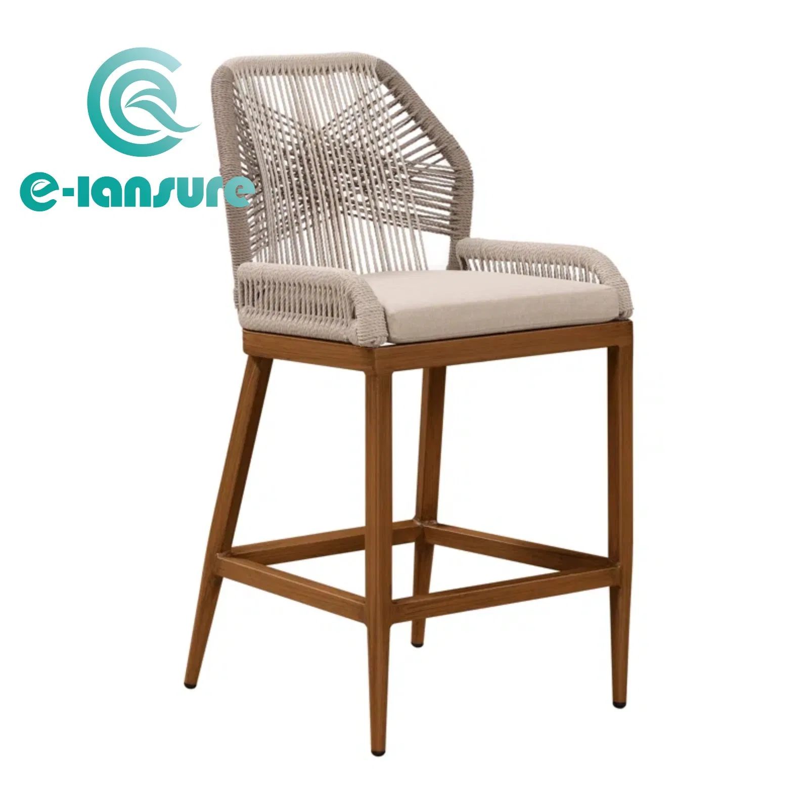 Nordic Style Hot Sale Outdoor Bar Furniture Wood Frame Woven Rope Counter Bar Stool with Waterproof Cushion for Hotel Cafe Restaurant