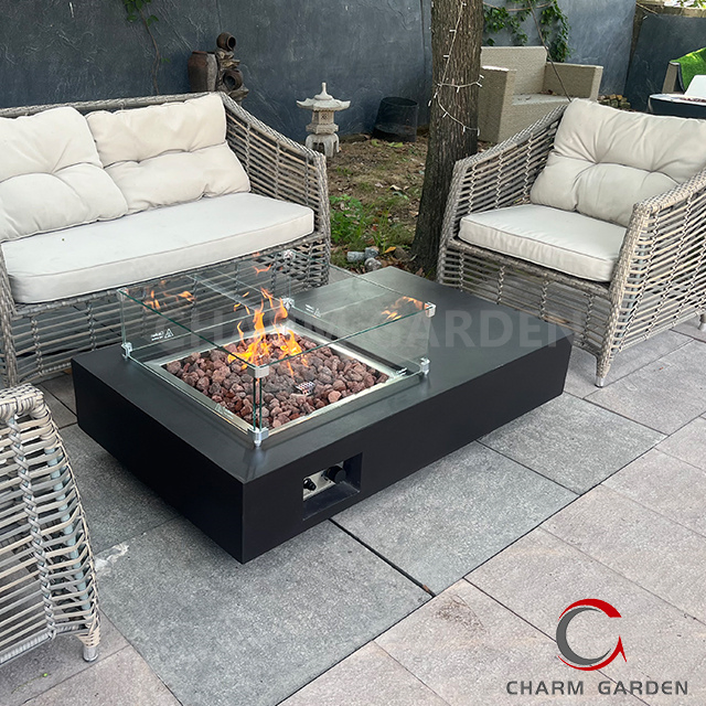 Charm Garden Durable Glass Fiber Reinforce Concrete Fire Table Natural Gas Propane Fire Pits Outdoor Fireplace Dining Table