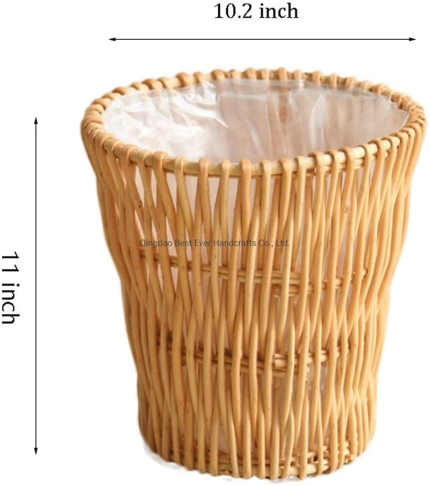 Light Brown Hand-Woven Wicker Wastebin