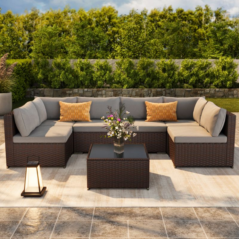 Patio Rattan Sofa Set PE Wicker Sectional Rattan Outdoor Furniture Set
