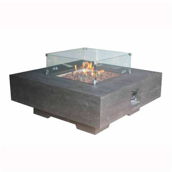 Dining Big Square Fire Pit Table with Red Lava Rocks Temper Glass Wind Guard