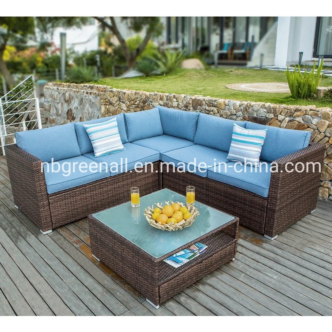 4-Piece Outdoor Garden Furniture Set Brown Wicker Sectional Sofa with Coffee Table, Cushions