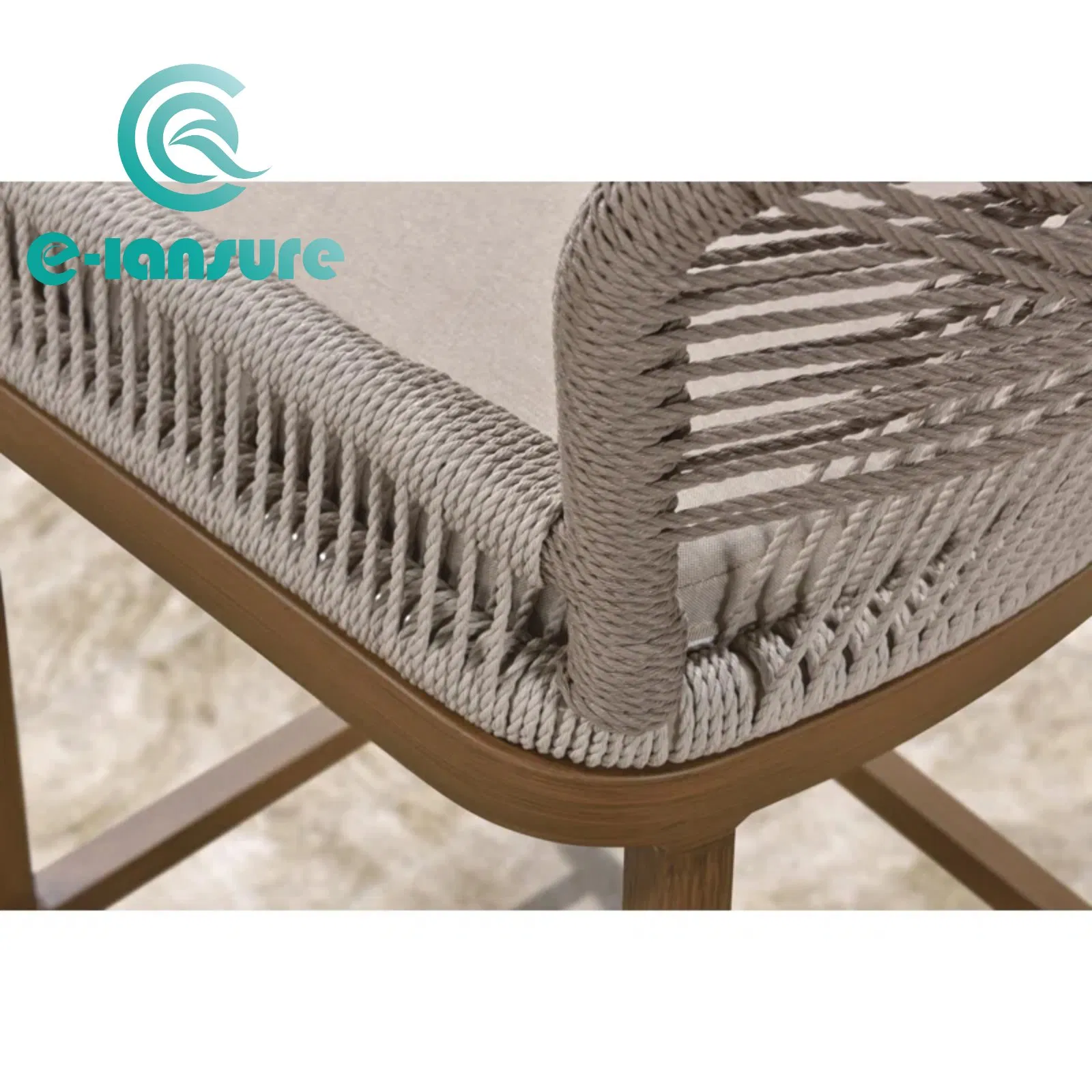Nordic Style Hot Sale Outdoor Bar Furniture Wood Frame Woven Rope Counter Bar Stool with Waterproof Cushion for Hotel Cafe Restaurant
