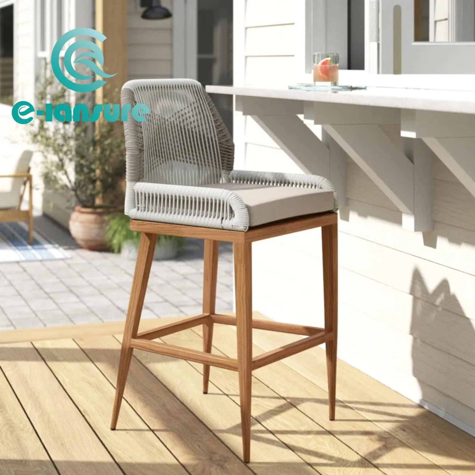 Nordic Style Hot Sale Outdoor Bar Furniture Wood Frame Woven Rope Counter Bar Stool with Waterproof Cushion for Hotel Cafe Restaurant