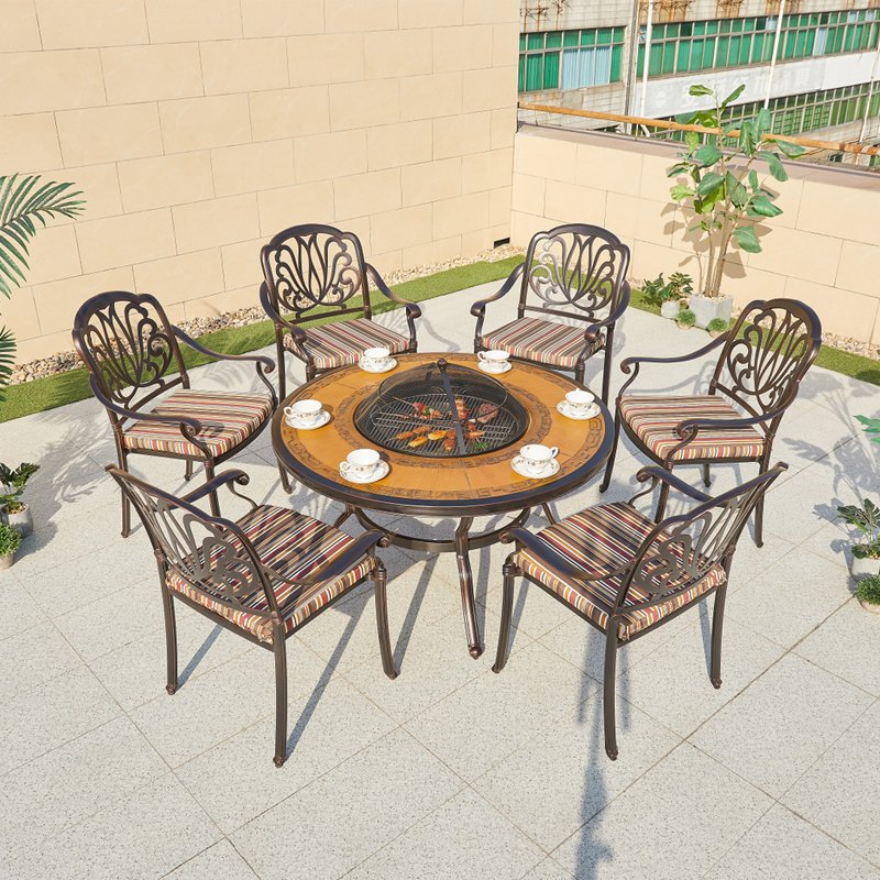 Waterproof Easy Clean Outdoor Aluminum Round Dining Picnic Barbecue Grill Table BBQ Cast Aluminum Fire Pit Table